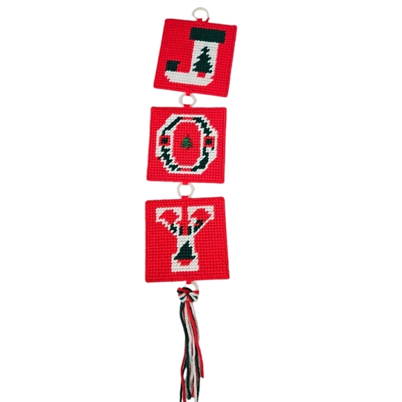 Vintage Handmade Joy Needlepoint Christmas Wall Hanging‎ Decor Sign w Tassels - Picture 6 of 8